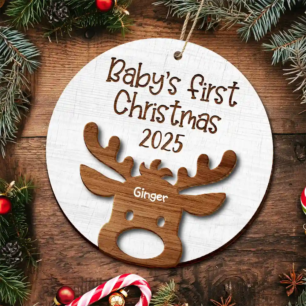 Happy, New baby, New Mom, New Dad, Christmas, Parents - Baby's First Christmas Cute Animal - Personalized 2-Layered Wooden Ornament