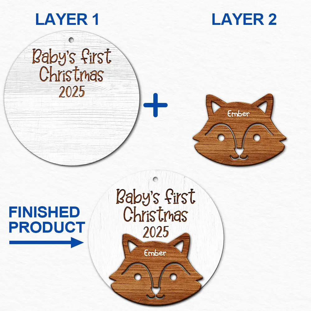 Happy, New baby, New Mom, New Dad, Christmas, Parents - Baby's First Christmas Cute Animal - Personalized 2-Layered Wooden Ornament