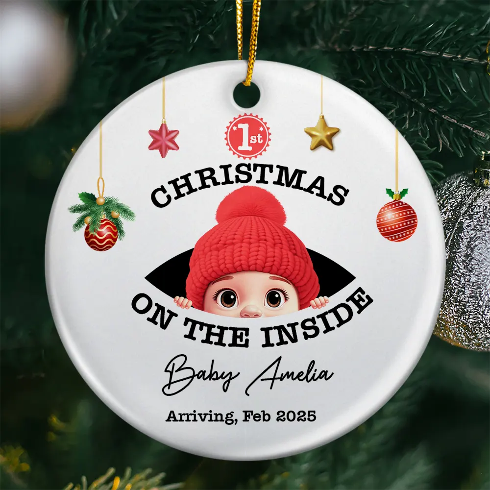 Baby's First Christmas On The Inside - Personalized Circle Ceramic Ornament