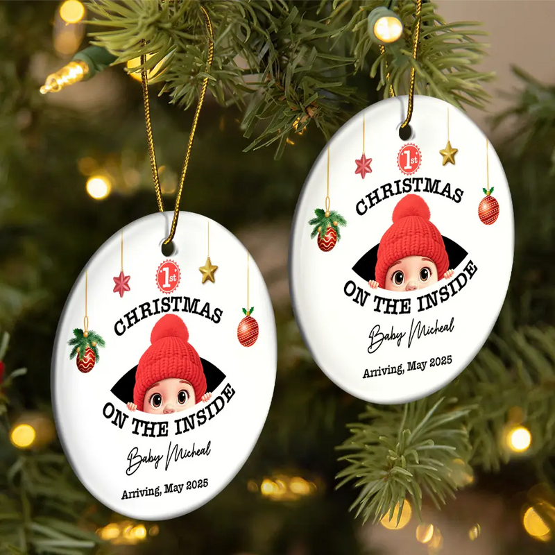 New baby, Christmas, Expecting Dad, Pregnant Mom, Happy - Baby's First Christmas On The Inside - Personalized Circle Ceramic Ornament