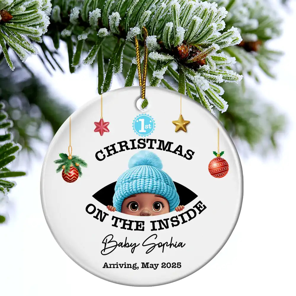 New baby, Christmas, Expecting Dad, Pregnant Mom, Happy - Baby's First Christmas On The Inside - Personalized Circle Ceramic Ornament