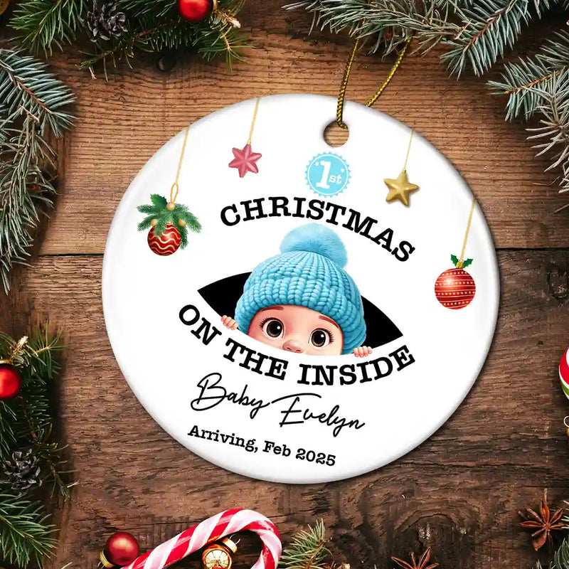 New baby, Christmas, Expecting Dad, Pregnant Mom, Happy - Baby's First Christmas On The Inside - Personalized Circle Ceramic Ornament