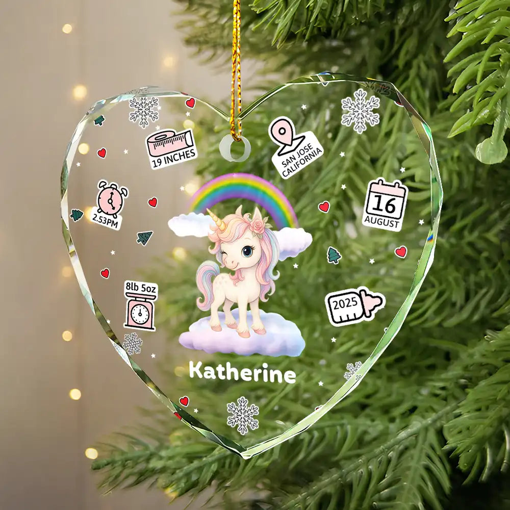 Christmas,New baby,Happy - Baby's First Stats With Cute Animal - Personalized Heart Shaped Glass Ornament