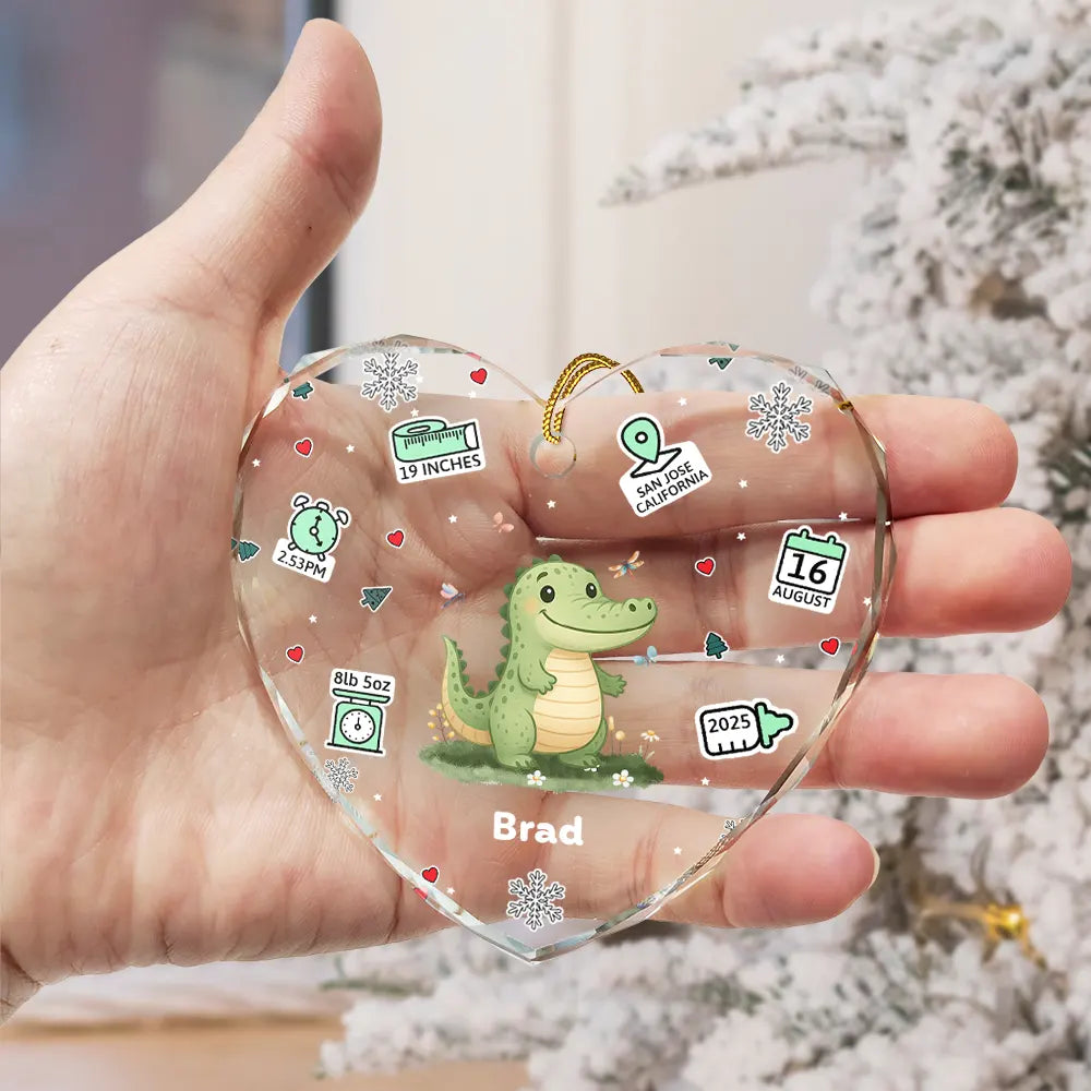 Christmas,New baby,Happy - Baby's First Stats With Cute Animal - Personalized Heart Shaped Glass Ornament