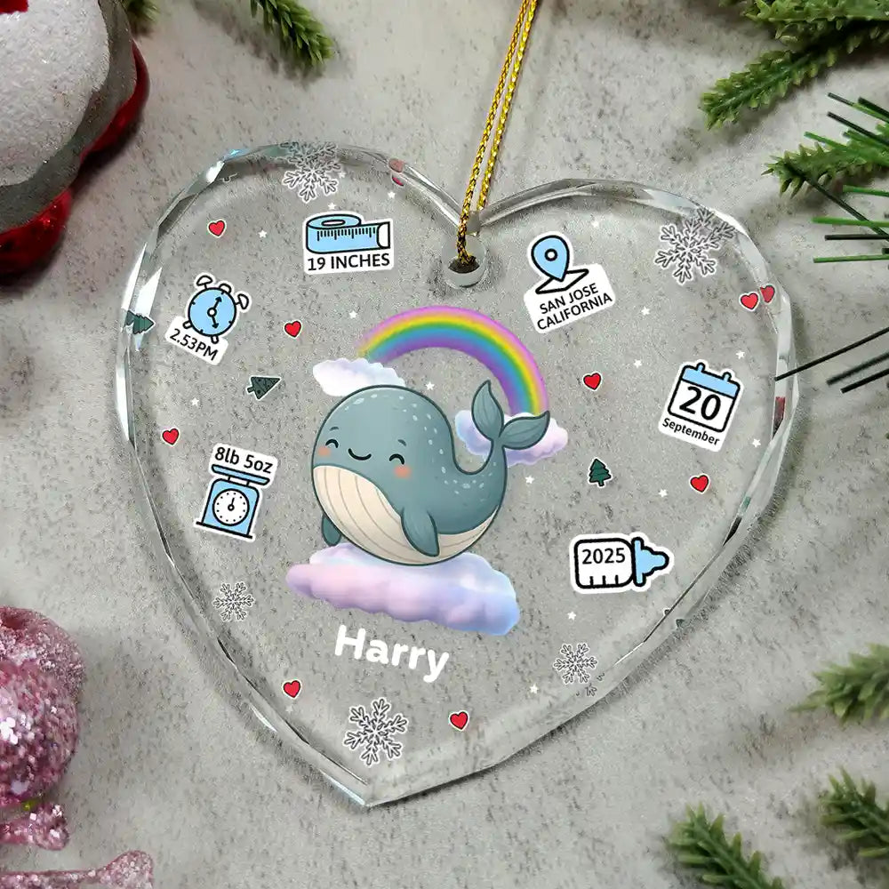 Christmas,New baby,Happy - Baby's First Stats With Cute Animal - Personalized Heart Shaped Glass Ornament