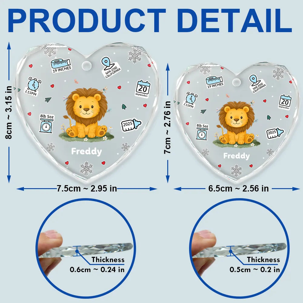 Christmas,New baby,Happy - Baby's First Stats With Cute Animal - Personalized Heart Shaped Glass Ornament