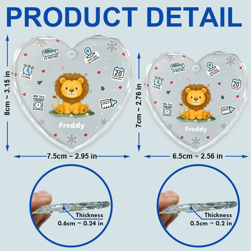 Christmas,New baby,Happy - Baby's First Stats With Cute Animal - Personalized Heart Shaped Glass Ornament