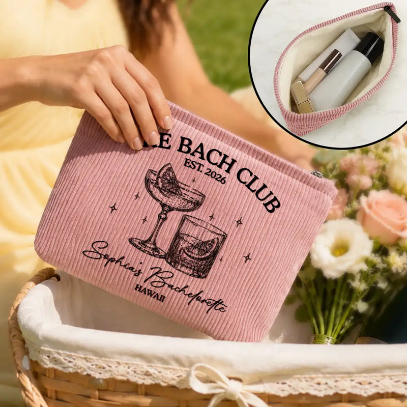 Travel,Confident,Gift For Bestie,Bachelorette,Icon - Bachelorette The Bach Club - Personalized Corduroy Makeup Bag