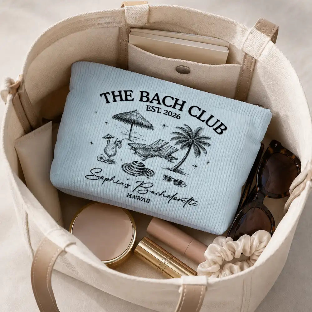 Travel,Confident,Gift For Bestie,Bachelorette,Icon - Bachelorette The Bach Club - Personalized Corduroy Makeup Bag