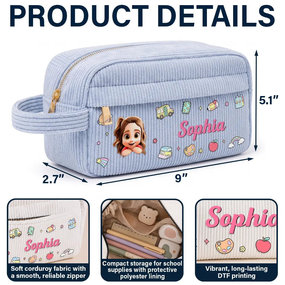 Back To School,Gift For Kids,Adorable,Vector,Icon - Back To School Kid's Name - Personalized Corduroy Pencil Case
