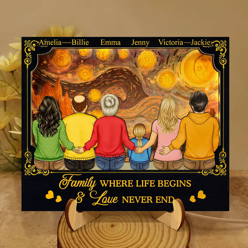 Family,Parents,Gift For Grandparents,Gift For Daughter,Gift For Son,Love - Backside Family Starry Night - Personalized LED Light Wooden Plaque