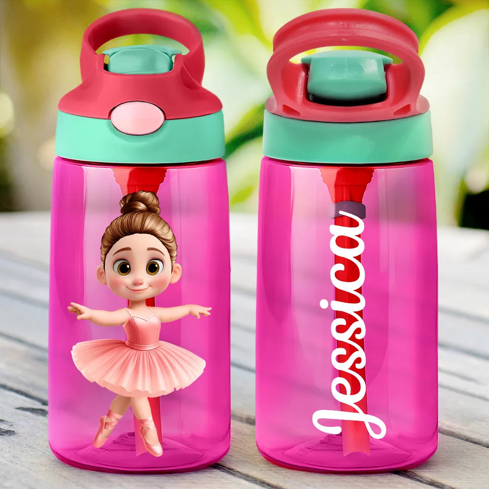 Gift For Kids,Happy - Ballerina Cute Girl 3D Effect - Personalized Kids Water Bottle With Straw