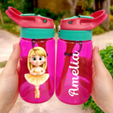 Gift For Kids,Happy - Ballerina Cute Girl 3D Effect - Personalized Kids Water Bottle With Straw