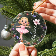 Gift For Kids,Gift For Grandkids,Christmas,Happy - Ballet Kid Girl Birth Month Flower - Personalized Circle Glass Ornament