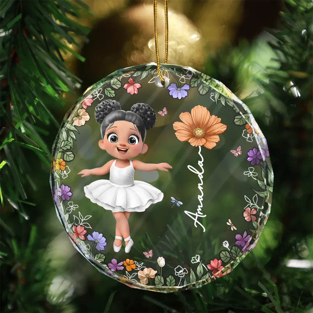 Gift For Kids,Gift For Grandkids,Christmas,Happy - Ballet Kid Girl Birth Month Flower - Personalized Circle Glass Ornament
