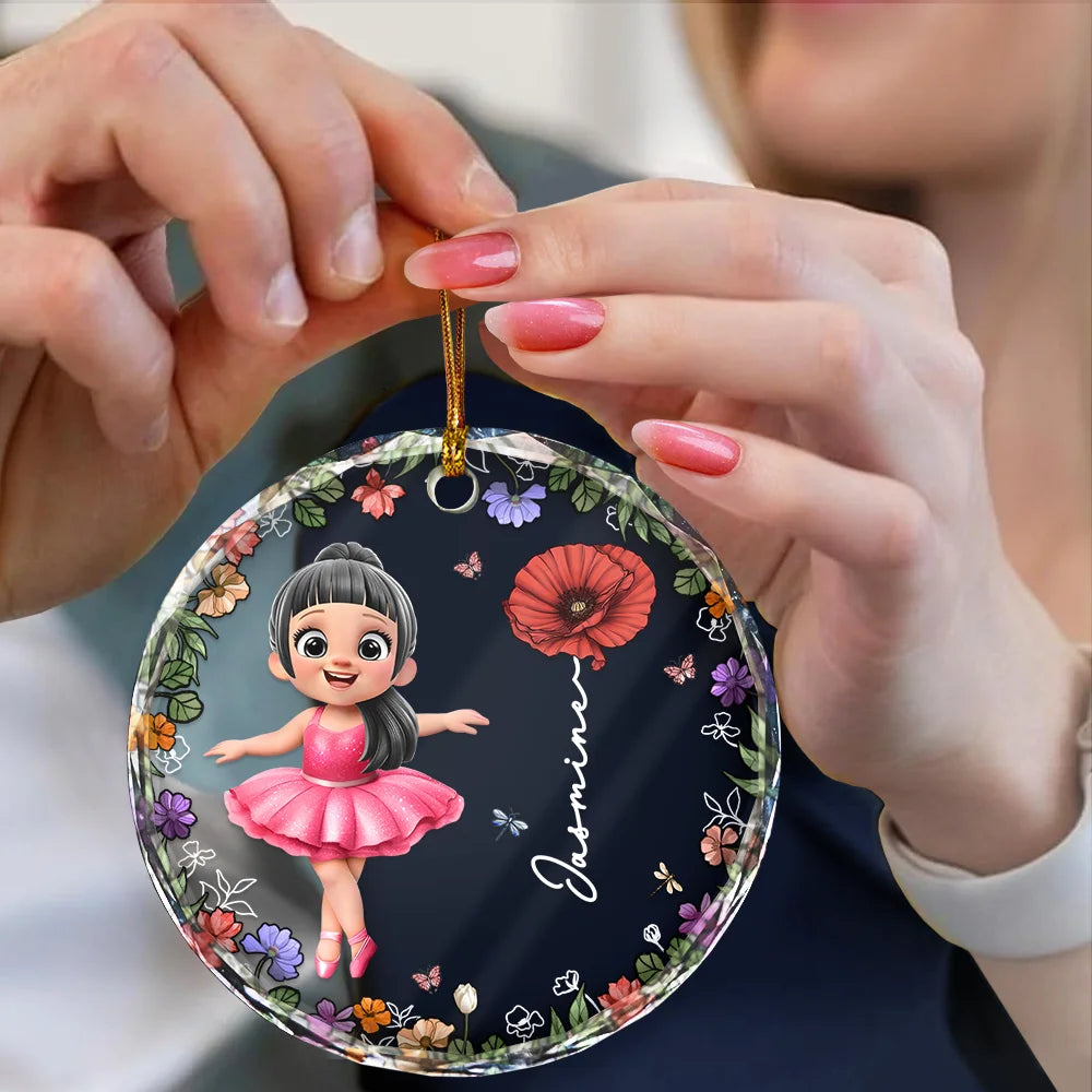 Gift For Kids,Gift For Grandkids,Christmas,Happy - Ballet Kid Girl Birth Month Flower - Personalized Circle Glass Ornament