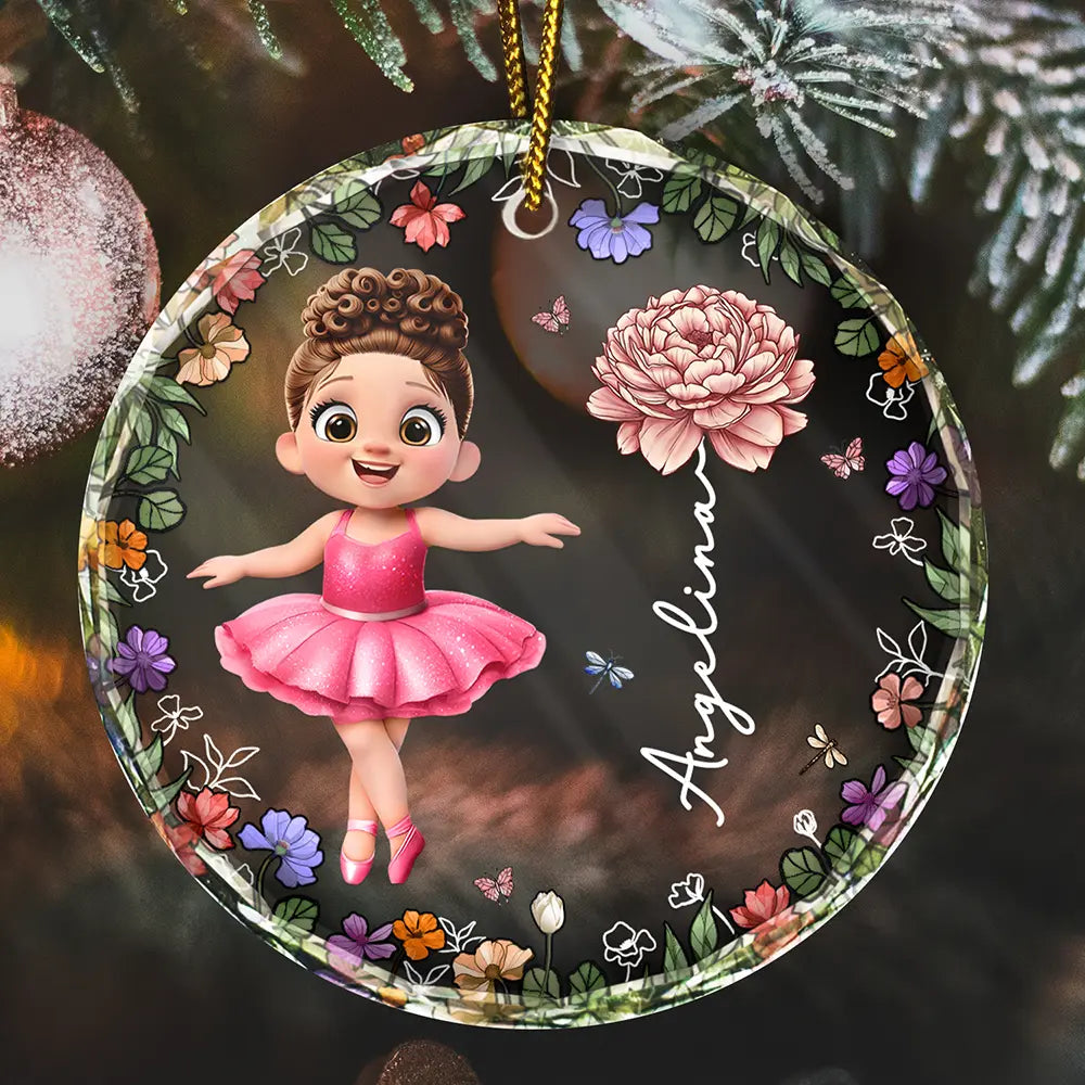 Gift For Kids,Gift For Grandkids,Christmas,Happy - Ballet Kid Girl Birth Month Flower - Personalized Circle Glass Ornament