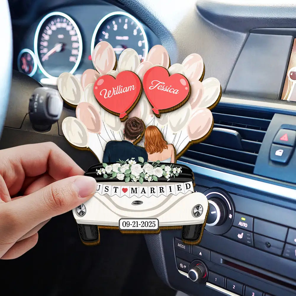 Gift For Couples,Gift For Husband,Gift For Wife,Married ,Wedding,Wedding Anniversary,Christmas,Love - Balloon Car Just Married Couple - Personalized Custom Shaped Car Visor Clip