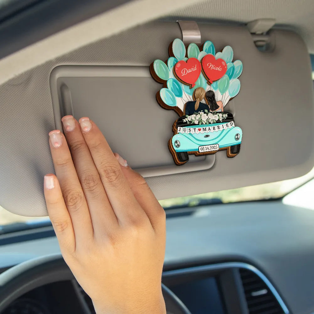 Gift For Couples,Gift For Husband,Gift For Wife,Married ,Wedding,Wedding Anniversary,Christmas,Love - Balloon Car Just Married Couple - Personalized Custom Shaped Car Visor Clip