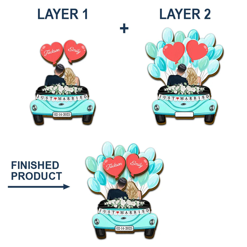 Gift For Couples,Gift For Husband,Gift For Wife,Married ,Wedding,Wedding Anniversary,Christmas,Love - Balloon Car Just Married Couple - Personalized Custom Shaped Car Visor Clip