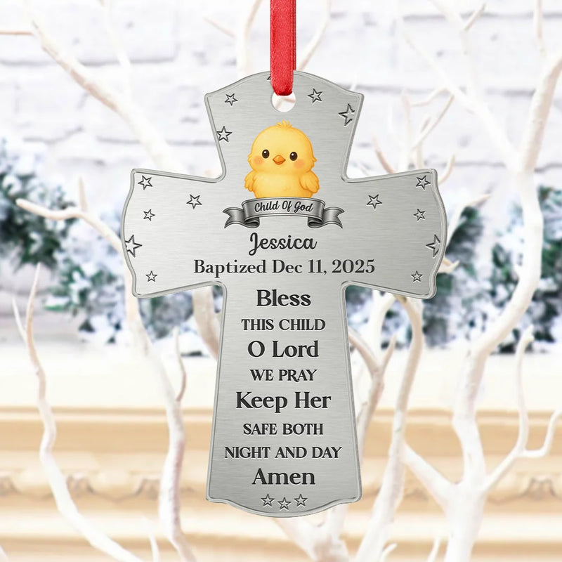 New baby, Christmas, Christian - Baptism Cross Bless This Child - Personalized Metal Ornament