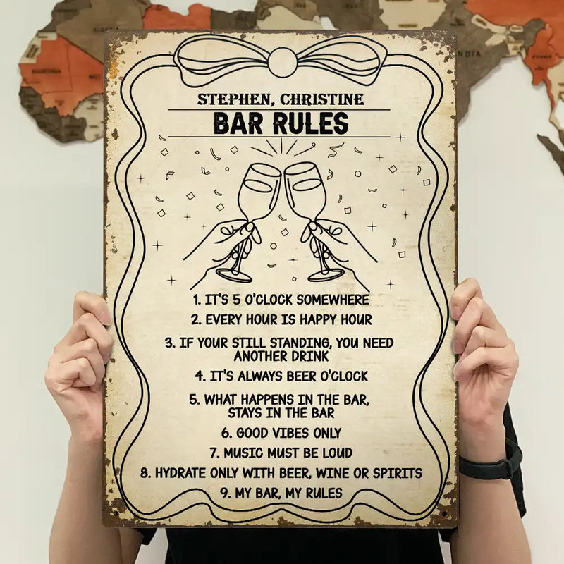 Funny, Gift For Couples, Patio, Gift For Husband, Gift For Wife, Gift For Boyfriend, Gift For Girlfriend - Bar Rules Funny - Personalized Classic Metal Signs