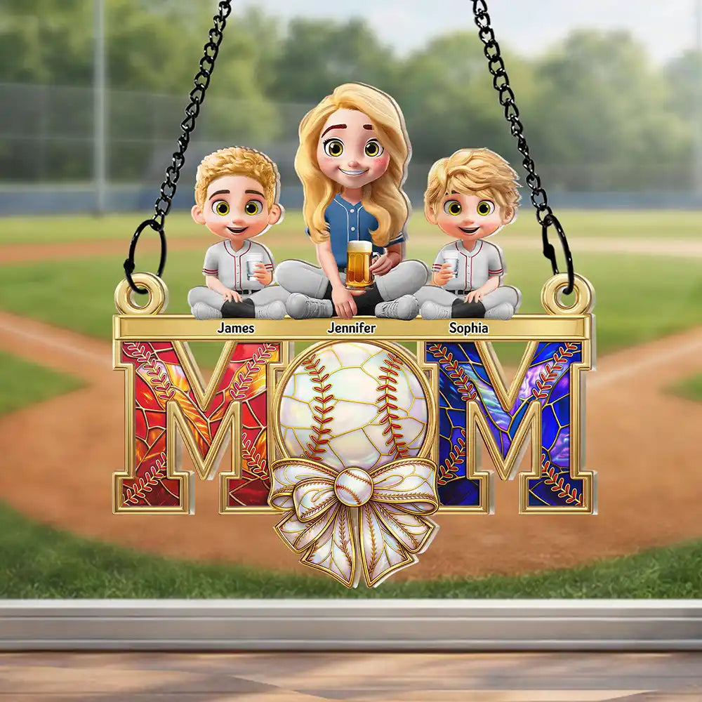 Baseball, Sport Mom, Gift For Mother, Happy - Baseball Mom & Kids Stained Glass Effect - Personalized Window Hanging Suncatcher Ornament