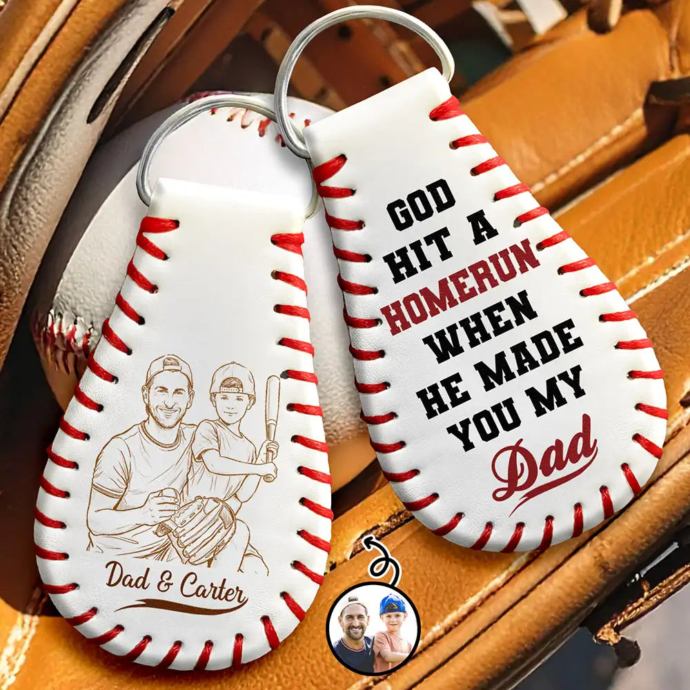 Baseball,Gift For Father,Custom Photo,Art Design,Proud,Photo - Pencil Sketch - Bold - Custom Photo Bold Sketch Baseball God Hit A Home Run - Personalized Leather Baseball Keychain