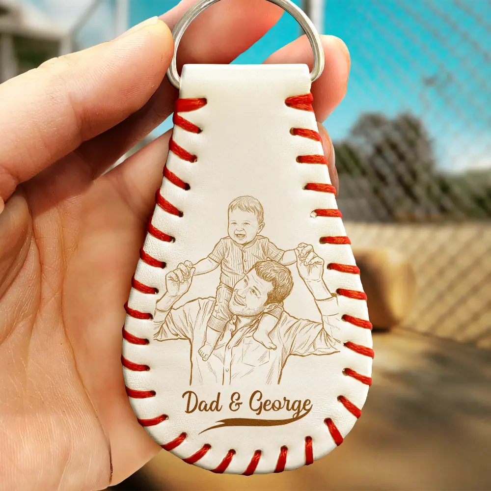 Baseball,Gift For Father,Custom Photo,Art Design,Proud,Photo - Pencil Sketch - Bold - Custom Photo Bold Sketch Baseball God Hit A Home Run - Personalized Leather Baseball Keychain