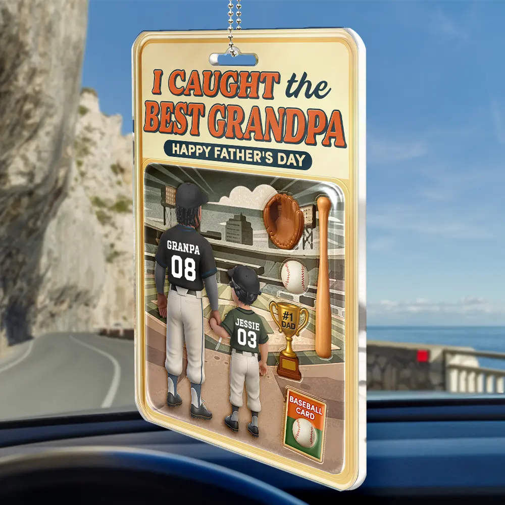 Gift For Father,Baseball - Baseball I Caught The Best Dad Doll Box Effect Figure Style - Personalized Acrylic Car Hanger