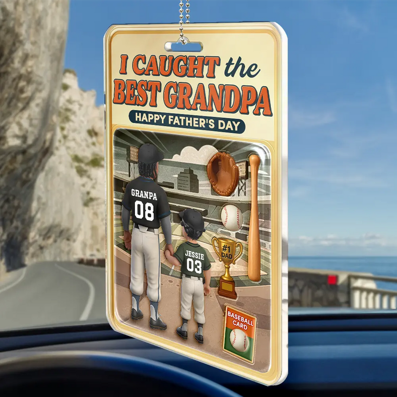 Gift For Father,Baseball - Baseball I Caught The Best Dad Doll Box Effect Figure Style - Personalized Acrylic Car Hanger