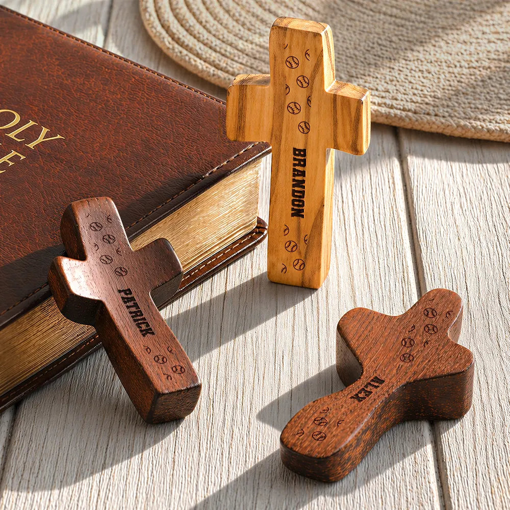 Baseball,Gift For Father,Devoted,Custom Text - Baseball Keepsake With Name - Personalized Wooden Pocket Prayer Cross