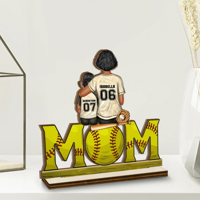 Mom - Children, Gift For Mother, Happy, Baseball, Softball - Baseball Mom And Kids - Personalized Custom Shaped 2-Layered Wooden Plaque