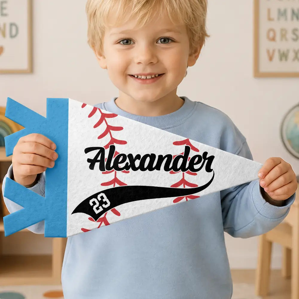 Baseball,Confident,Back To School,Gift For Kids,Custom Text - Baseball Player With Name & Number - Personalized Pennant