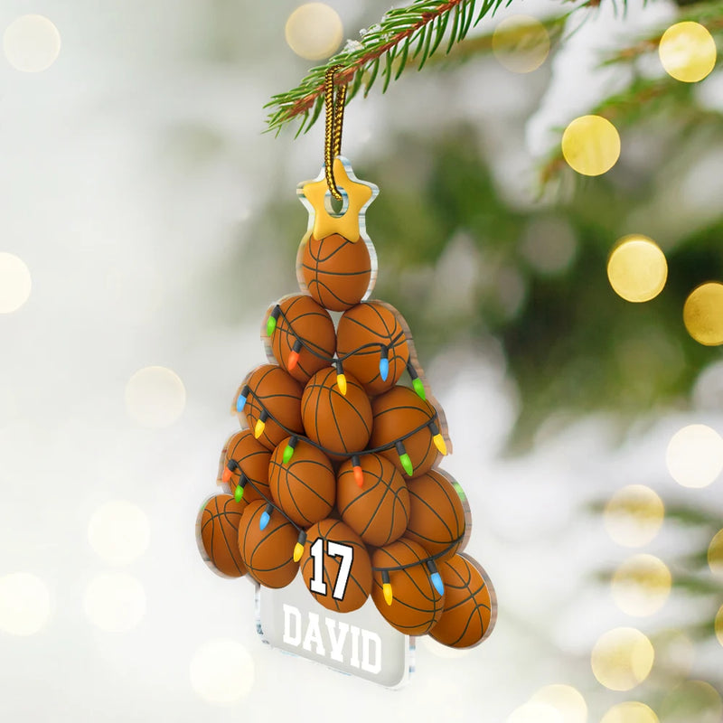 Gift For Yourself, Gift For Women, Gift For Men, Baseball, Basketball, Football, Golf, Happy, Christmas - Basketball Christmas Tree - Personalized Custom Shaped Acrylic Ornament