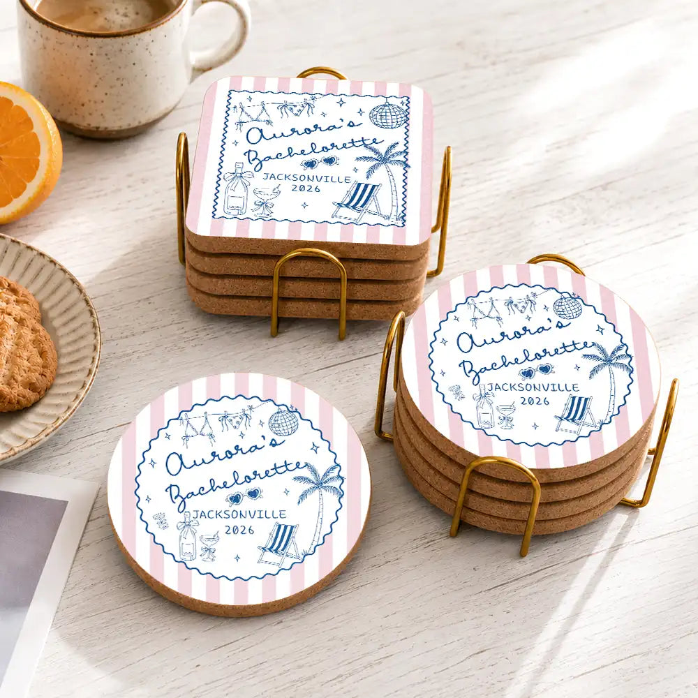 Gift For Bestie, Playful, Wedding, Custom Text - Beach Bachelorette Party - Personalized Cork Coaster