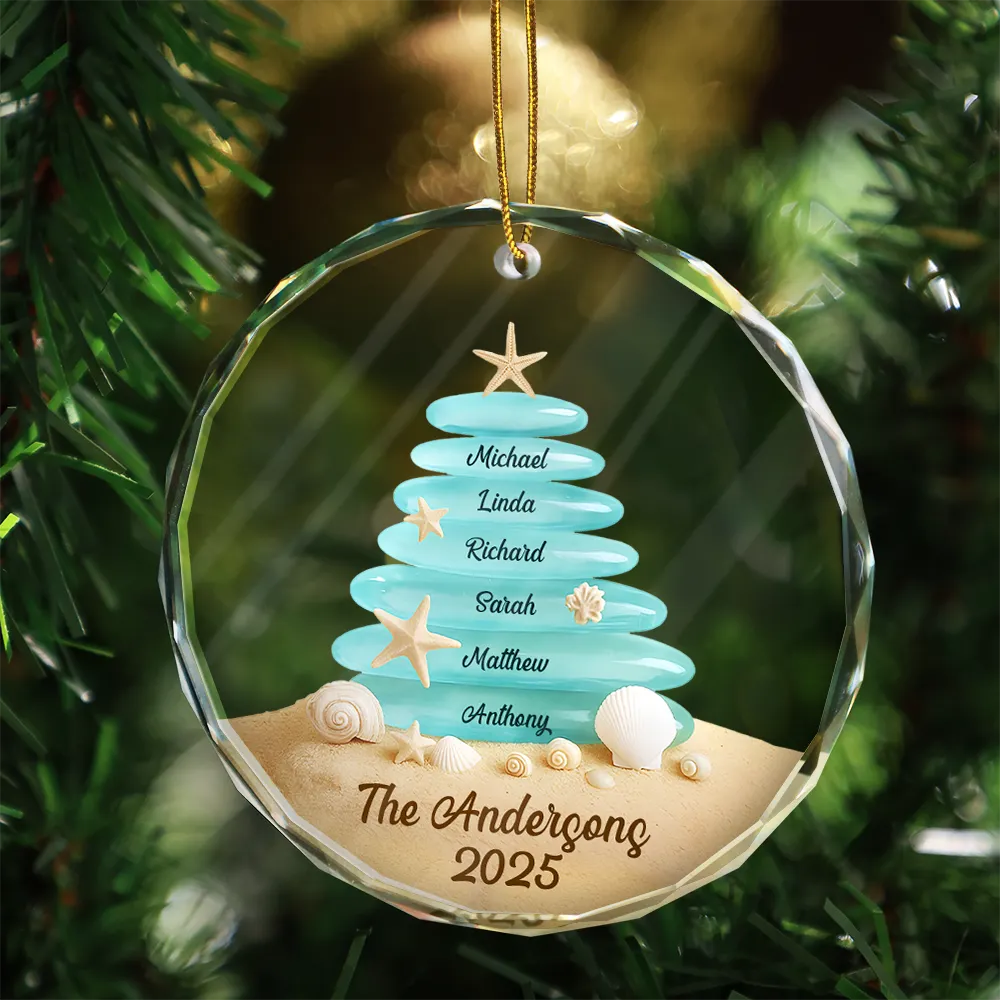 Family,Pet Lovers,Pet Mom,Pet Dad,Pet Couple,Dog Lovers,Dog Couple,Dog Mom,Dog Dad,Cat Lovers,Cat Mom,Cat Dad,Cat Couple,Happy,Single Mom,Single Dad,Gift For Grandpa,Gift For Grandma,Gift For Grandkids,Christmas,Top Market - Beach Stones Family Christmas - Personalized Circle Glass Ornament