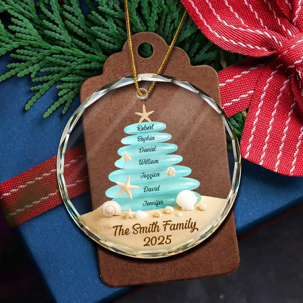 Family,Pet Lovers,Pet Mom,Pet Dad,Pet Couple,Dog Lovers,Dog Couple,Dog Mom,Dog Dad,Cat Lovers,Cat Mom,Cat Dad,Cat Couple,Happy,Single Mom,Single Dad,Gift For Grandpa,Gift For Grandma,Gift For Grandkids,Christmas,Top Market - Beach Stones Family Christmas - Personalized Circle Glass Ornament
