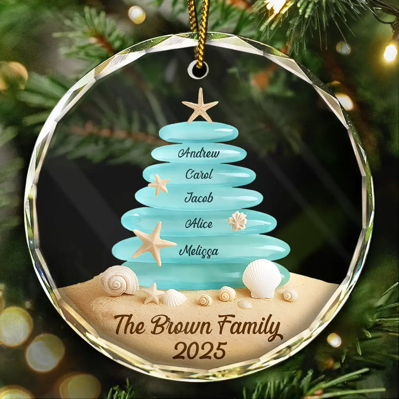 Family,Pet Lovers,Pet Mom,Pet Dad,Pet Couple,Dog Lovers,Dog Couple,Dog Mom,Dog Dad,Cat Lovers,Cat Mom,Cat Dad,Cat Couple,Happy,Single Mom,Single Dad,Gift For Grandpa,Gift For Grandma,Gift For Grandkids,Christmas,Top Market - Beach Stones Family Christmas - Personalized Circle Glass Ornament