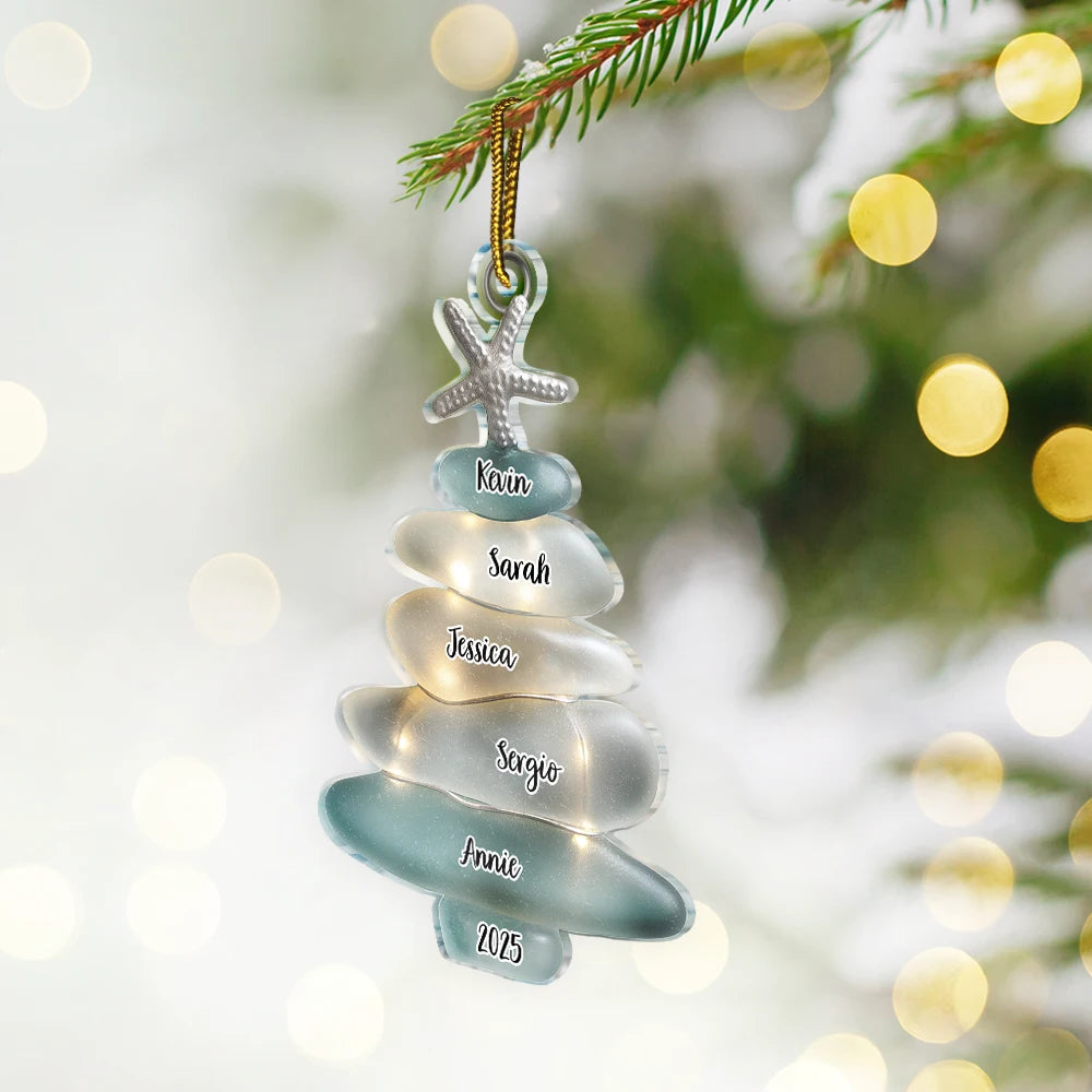 Family,Pet Lovers,Pet Mom,Pet Dad,Pet Couple,Dog Lovers,Dog Couple,Dog Mom,Dog Dad,Cat Lovers,Cat Mom,Cat Dad,Cat Couple,Happy,Single Mom,Single Dad,Gift For Grandpa,Gift For Grandma,Gift For Grandkids,Top Market,Christmas - Beach Stones Family Christmas - Personalized Custom Shaped Acrylic Ornament