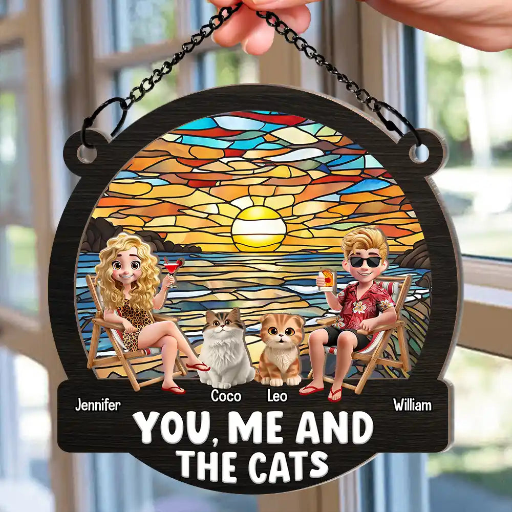 Gift For Couples,Gift For Husband,Gift For Wife,Gift For Boyfriend,Gift For Girlfriend,Pet Lovers,Pet Couple,Cat Lovers,Cat Couple,Summer,Beach,Happy - Beach You, Me And The Cats - Personalized Window Hanging Suncatcher Ornament