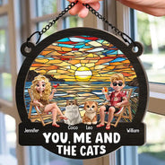 Gift For Couples,Gift For Husband,Gift For Wife,Gift For Boyfriend,Gift For Girlfriend,Pet Lovers,Pet Couple,Cat Lovers,Cat Couple,Summer,Beach,Happy - Beach You, Me And The Cats - Personalized Window Hanging Suncatcher Ornament