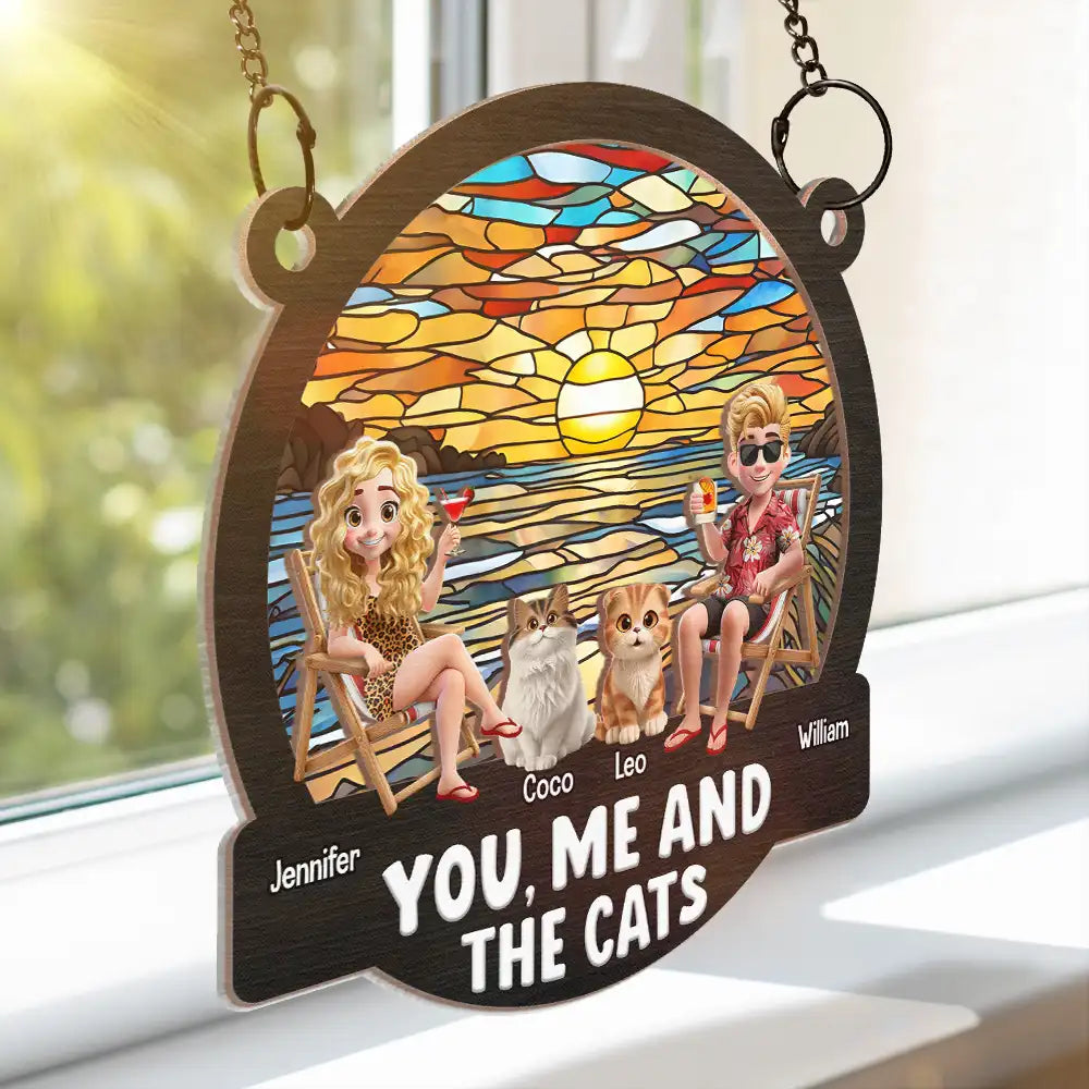 Gift For Couples,Gift For Husband,Gift For Wife,Gift For Boyfriend,Gift For Girlfriend,Pet Lovers,Pet Couple,Cat Lovers,Cat Couple,Summer,Beach,Happy - Beach You, Me And The Cats - Personalized Window Hanging Suncatcher Ornament