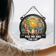 Gift For Couples,Gift For Husband,Gift For Wife,Gift For Boyfriend,Gift For Girlfriend,Pet Lovers,Pet Couple,Cat Lovers,Cat Couple,Summer,Beach,Happy - Beach You, Me And The Cats - Personalized Window Hanging Suncatcher Ornament