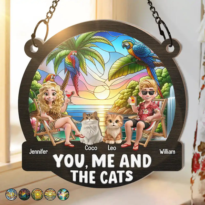 Gift For Couples,Gift For Husband,Gift For Wife,Gift For Boyfriend,Gift For Girlfriend,Pet Lovers,Pet Couple,Cat Lovers,Cat Couple,Summer,Beach,Happy - Beach You, Me And The Cats - Personalized Window Hanging Suncatcher Ornament
