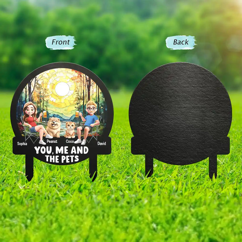 Gift For Couples,Gift For Husband,Gift For Wife,Gift For Boyfriend,Gift For Girlfriend,Pet Lovers,Pet Couple,Dog Lovers,Dog Couple,Cat Lovers,Cat Couple,Beach,Summer - Beach You, Me And The Dog Cat - Personalized Metal Garden Stake