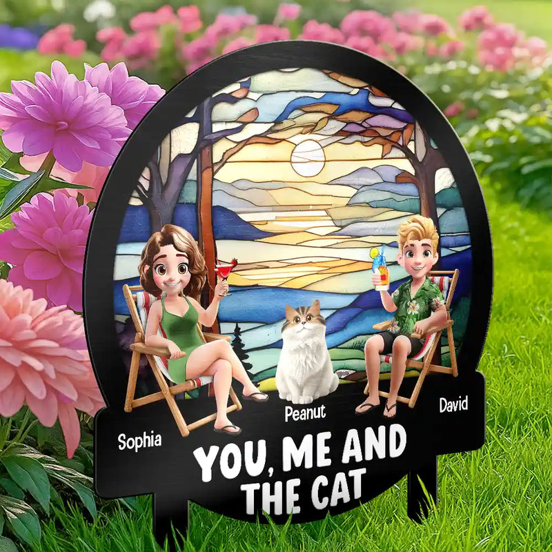 Gift For Couples,Gift For Husband,Gift For Wife,Gift For Boyfriend,Gift For Girlfriend,Pet Lovers,Pet Couple,Dog Lovers,Dog Couple,Cat Lovers,Cat Couple,Beach,Summer - Beach You, Me And The Dog Cat - Personalized Metal Garden Stake