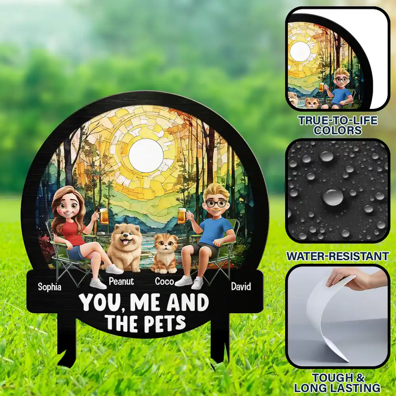 Gift For Couples,Gift For Husband,Gift For Wife,Gift For Boyfriend,Gift For Girlfriend,Pet Lovers,Pet Couple,Dog Lovers,Dog Couple,Cat Lovers,Cat Couple,Beach,Summer - Beach You, Me And The Dog Cat - Personalized Metal Garden Stake