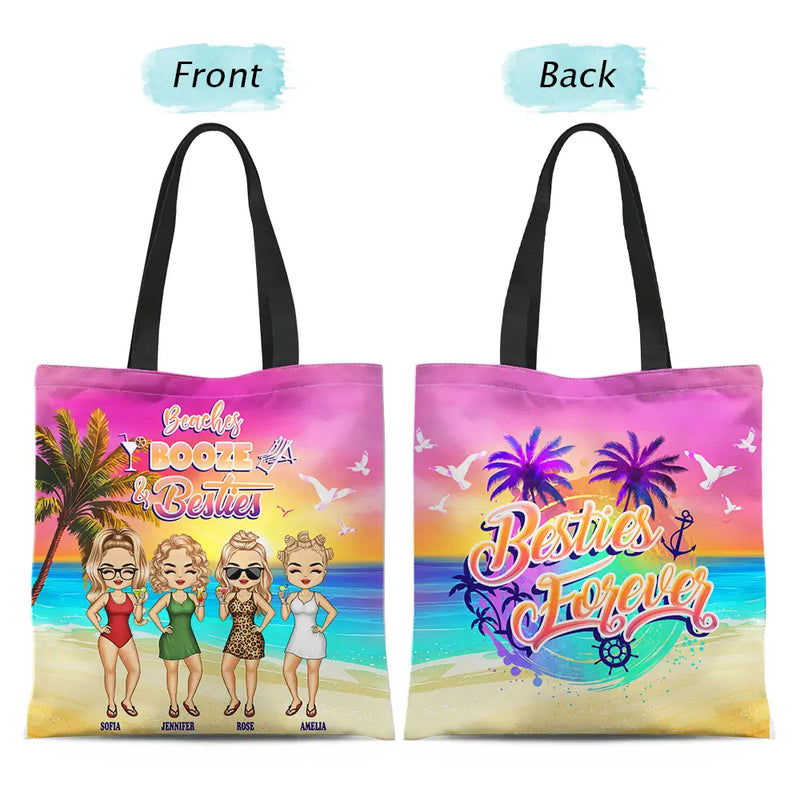 Gift For Bestie,Beach,Summer,Happy - Beaches Booze Besties - Personalized Tote Bag