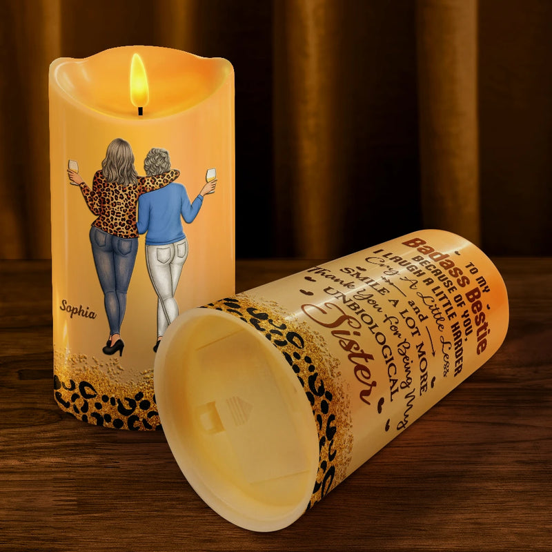 Gift For Sisters,Gift For Bestie,Old Best friends,Happy - Because Of You I Laugh A Little Harder - Personalized Flameless LED Candle